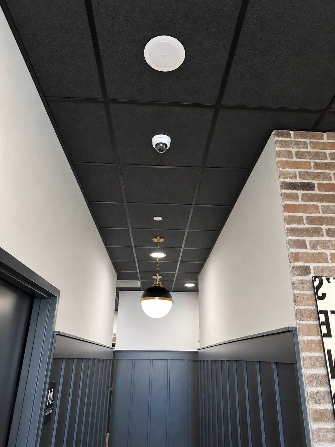 Ceiling-mounted security camera and distributed audio speaker in a dental office